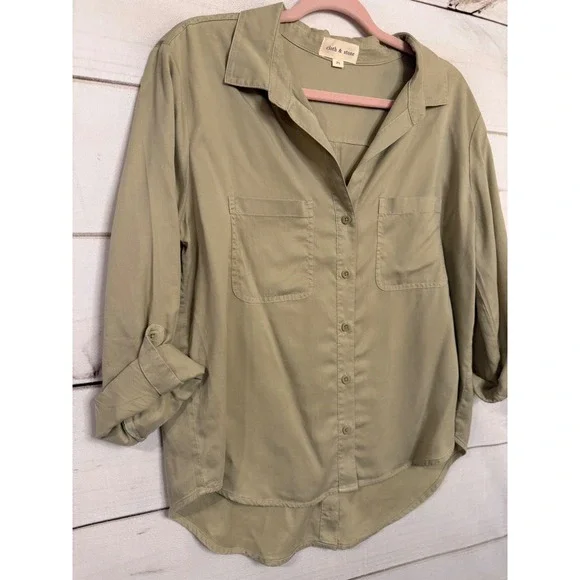 Cloth & Stone Women's Khaki Roll Tab Sleeve Button Down‎ Shirt PL - Picture 2 of 6
